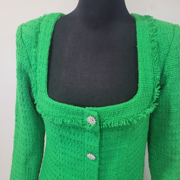 BLOGGER'S FAVE! Zara Elegant Green Tweed Mini Dress With Jewel Buttons NWT - Picture 6 of 9
